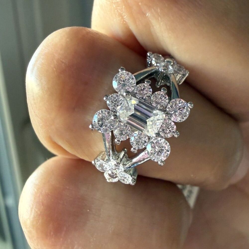 Moissanite Emerald Cut Floral Statement Ring D Color VVS1 Size 5